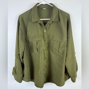 Old Navy Button Up Blouse Roll Tab Sleeves Olive Green XL Conifer Pockets Office